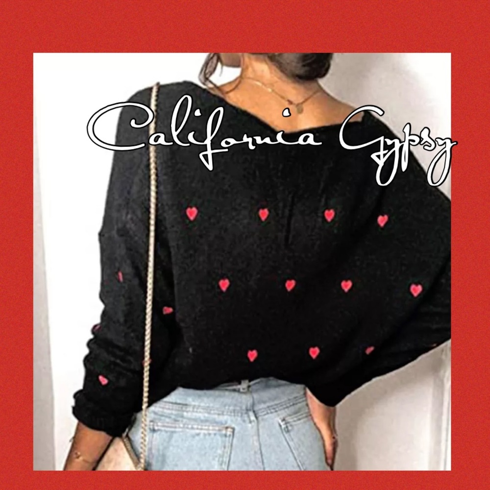 Heart Print Oversized V-Neck Sweater - Picture 5 of 7